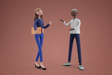 Female office worker holding documents and talking with colleagues