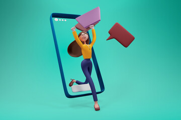 Happy woman running from smartphone with speech bubble