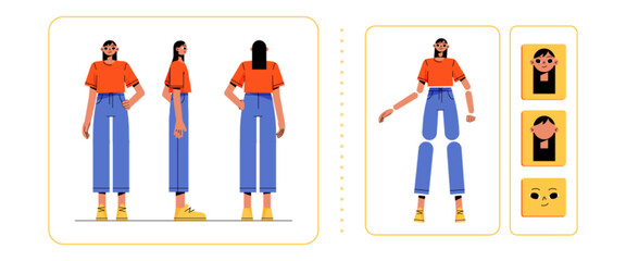 Woman character animation set. Girl creation model in front, side and back view. Vector flat illustration of parts of body and head isolated on white background