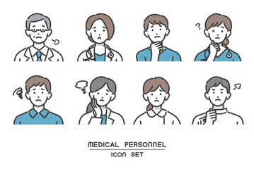 困ったり悩んだりしている、シンプルで使いやすい福祉、医療従事者の顔アイコンののベクターイラスト素材／医者／看護師
