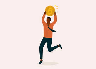 Fototapeta na wymiar Concept Of Bitcoin Investment. One Excited Black Businessman Holding Up A Golden Bitcoin While Running. Full Length. Flat Design Style, Character, Cartoon. 