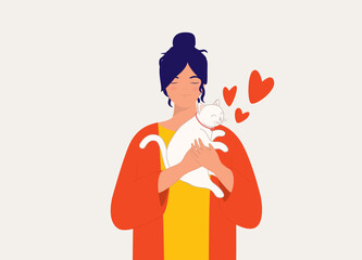 One Smiling Girl With Eye Closed Hugging Her White Shorthair Cat And Placing In Front Of Her Chest. Half Length. Flat Design Style, Character, Cartoon.