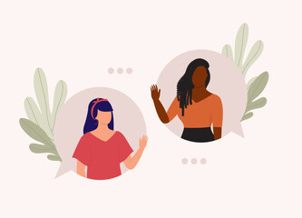 Two Female Friend With Different Ethnicity Inside Of Chat Bubble Talking With Each Other. Flat Design Style, Character, Cartoon.