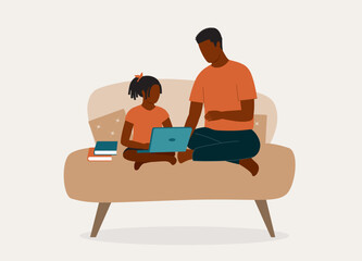 Black Father Helping His Daughter With Her Homework Using Laptop. Full Length. Flat Design Style, Character, Cartoon.