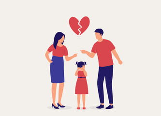 Upset Parents Quarrelling With Finger Pointing At Each Other While Their Desperate Daughter Covering Her Ears With Both Hands. Full Length. Flat Design Style, Character, Cartoon. - obrazy, fototapety, plakaty