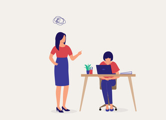 Angry Female Boss Scolding Her Employee. Stressful Employee Sitting At Her Working Desk With Face Looking Down. Full Length. Flat Design Style, Character, Cartoon.