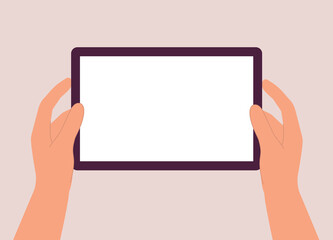 Human’s Hand Holding Digital Tablet With White Color Blank Screen. Close-Up. Flat Design Style, Character, Cartoon.