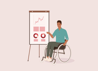One Smiling Black Businessman Presenting About Statistics With Graphs Shown On Flipchart Board. Full Length. Flat Design Style, Character, Cartoon.