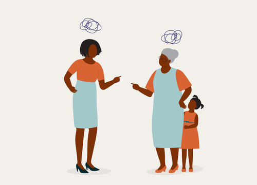 Frustrated Black Daughter In-Law Dealing With Her Overbearing Mother-In-Law. Little Girl Hiding Behind Her Grandmother. Full Length. Flat Design Style, Character, Cartoon.