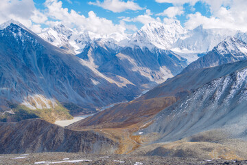 Picturesque mountain valley scenic view. Marvelous mountain range. Altai mountains. Belukha Mountain wall view. Akkem glacier