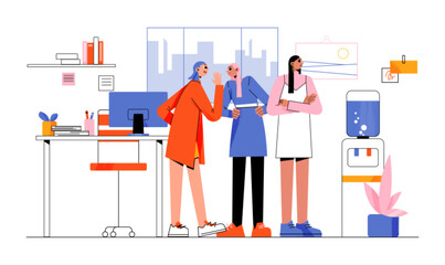 Office women gossip, whisper and commenting colleague behind of her back. Evil people talk at workplace near cooler, telling rumors, slandering, backbiting, tattling Line art flat vector Illustration