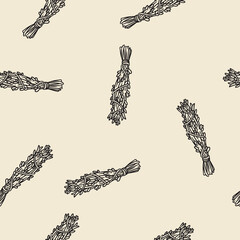 Sage smudge sticks hand-drawn boho seamless pattern. Lavender herb bundle background
