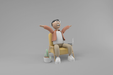 3D character young man sitting on comfortable sofa with freedom and happiness