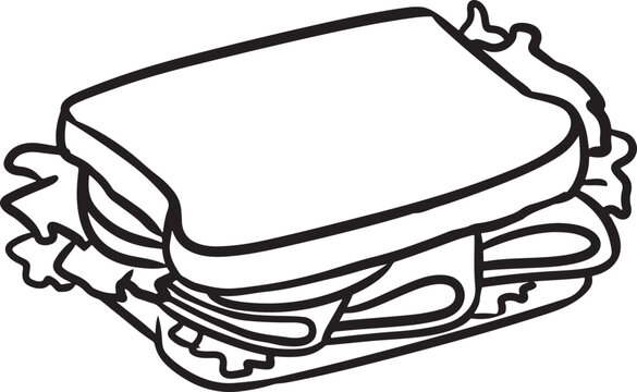 Sandwich with ham cartoon icon. Snack outline comic style image. Hand drawn isolated lineart illustration for prints, designs, cards.