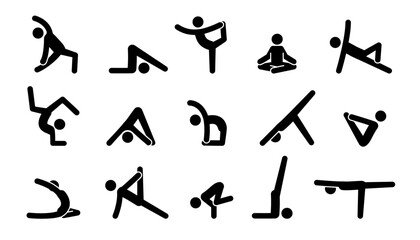 Yoga pictogram icon people. Yoga pose, meditate practice, sport exercise pictogram man set. Health, meditate symbol. Vector illustration.