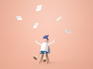 Happy businessman throwing papers in the air isolated background