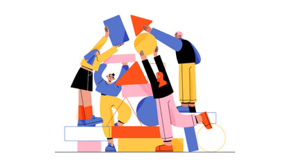 People work together set up abstract geometric shapes. Businesspeople teamwork, communicate, corporate teambuilding, collaboration, cooperation, partnership, Linear cartoon flat vector illustration