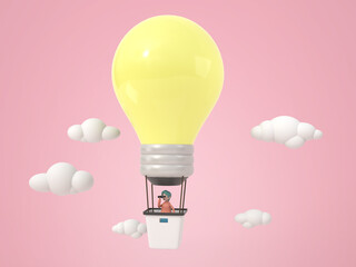 Man on a lightbulb balloon looking through binoculars on the sky with clouds