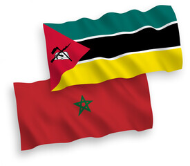 National vector fabric wave flags of Republic of Mozambique and Morocco isolated on white background. 1 to 2 proportion.