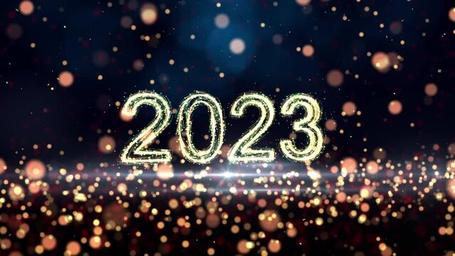 Happy New Year 2023. Slow motion new year festival abstract background with golden numbers and glitter lights.	
