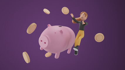 3D illustration of smiling woman with piggy bank and golden dollar coin