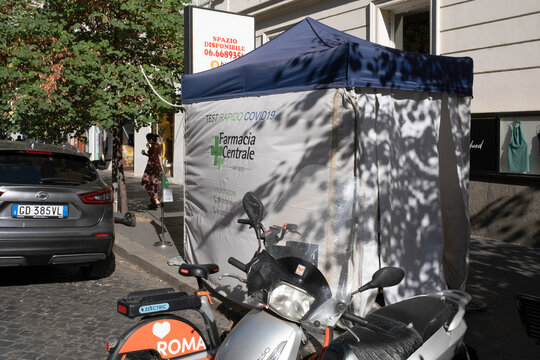 ROME, ITALY - JULY 16 2022: Movable Covid-19 rapid test tent in a sunny street in Rome, Italy