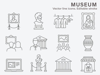 Museum icon set. Collection of statue, history, antique, gallery and more. Vector illustration. Editable stroke.
