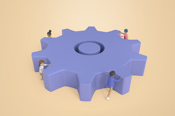3D illustration of Employee team create mechanism with cogs, manager