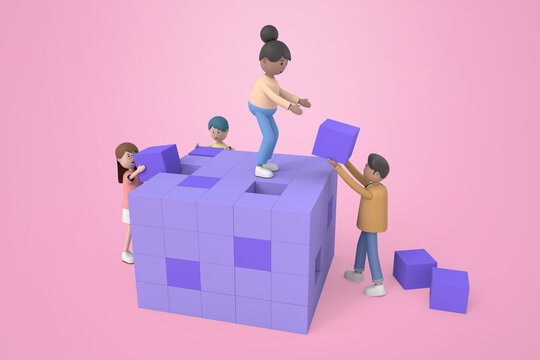 3D illustration of Group of people helping to assemble boxes