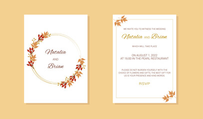 Fototapeta na wymiar wedding invitation with a frame of autumn leaves and rosehip berries