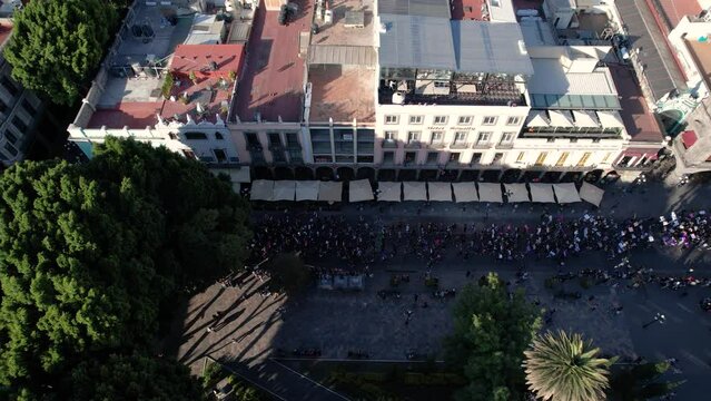 Aerial video of the 8M march in Puebla city. International women's day in the center of Puebla.