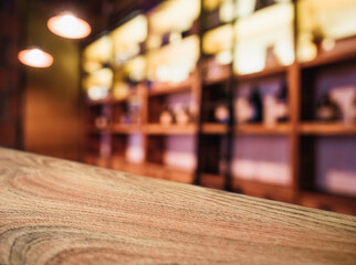 Naklejka na ściany i meble Table top counter Bar shelf interior blur background
