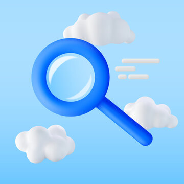 3D Blue Magnifying Glass in Clouds