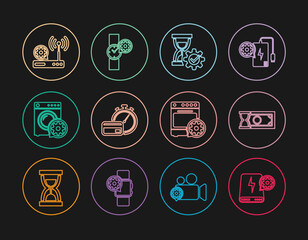 Set line Power bank setting, Fast payments, Hourglass, Washer, Router and wi-fi, Oven and Wrist watch icon. Vector