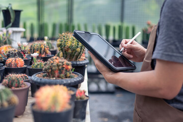 Farmer hand using digital mobile tablet for checking fresh cactus in greenhouse garden nursery...