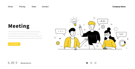 Business event landing page doodle design template. Vector illustration of young team brainstorm meeting. Colleagues sharing creative ideas, working together. Consulting services or coach training - obrazy, fototapety, plakaty