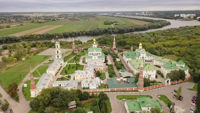 Aerial view of the Epiphany Staro-Golutvin Monastery on a warm September day, located on the outskirts of the city of Kolomna, Russia.