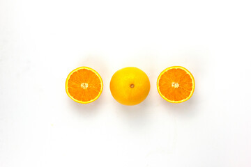 Set of Juicy Oranges cut isolated and arranged on white background, Healthy orange photography concepts, top view design