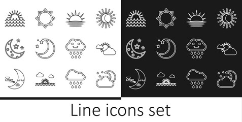 Set line Cloud with moon and stars, Sun cloud weather, Sunset, Moon, rain and icon. Vector
