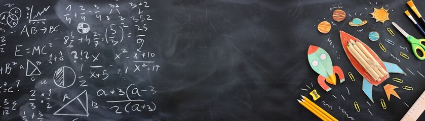 education. Back to school concept over blackboard background. top view, flat lay