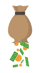 Bag of money with hole and coins line icon, financial problem concept, leaking coins from torn money bag sign on white background, Hole in moneybag icon in outline style. vector graphics
