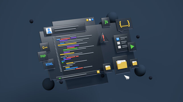 Software development coding process script coding on glass display. Programming and IT technology concept. Data programming. Software engineering. 3d render. 3d illustration.