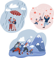 Vector illustration of Scene with family having a good time. Family goes camping, the husband holds an umbrella, the father and son play pinata