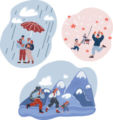 Naklejka premium Vector illustration of Scene with family having a good time. Family goes camping, the husband holds an umbrella, the father and son play pinata