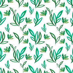 Hand drawn Watercolor green abstract leaves seamless pattern on the white background. Scrapbook design elements. Typography poster, wedding invitation, postcard, label, banner design.