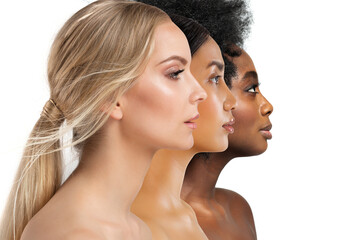 Beauty Diversity Faces. Multi Ethnic Women Caucasian, African and Asian. Three Woman Profile with different Skin Type and Color over White Isolated. Facial Care Cosmetics and Make up - 520489972