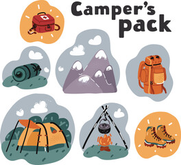 Vector illustration of Camping Hiker Tool walking travel set. Backpack, mounting, tent, mat, first aid, hiker boots, cooking over a campfire over dark background