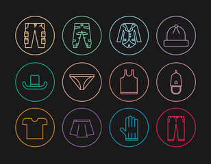 Set line Pants, Police cap with cockade, Blazer or jacket, Men underpants, Man hat, Cargo, Sleeveless T-shirt and Camouflage cargo icon. Vector