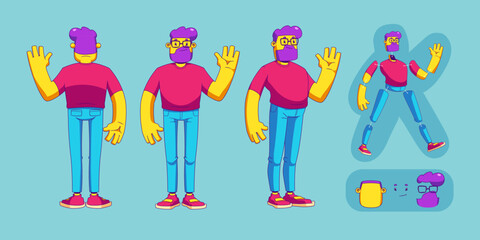 Fototapeta premium Male character front, back, side view contemporary cartoon set. Vector illustration of funny bearded man in eyeglasses waving hand. Bundle of body elements and face details for animation isolated