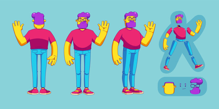 Male character front, back, side view contemporary cartoon set. Vector illustration of funny bearded man in eyeglasses waving hand. Bundle of body elements and face details for animation isolated